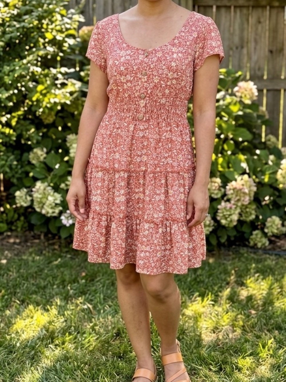 AS U WISH Floral Tiered Mini Dress Smocked Waist Boho Casual Sun Dress Sz M EUC